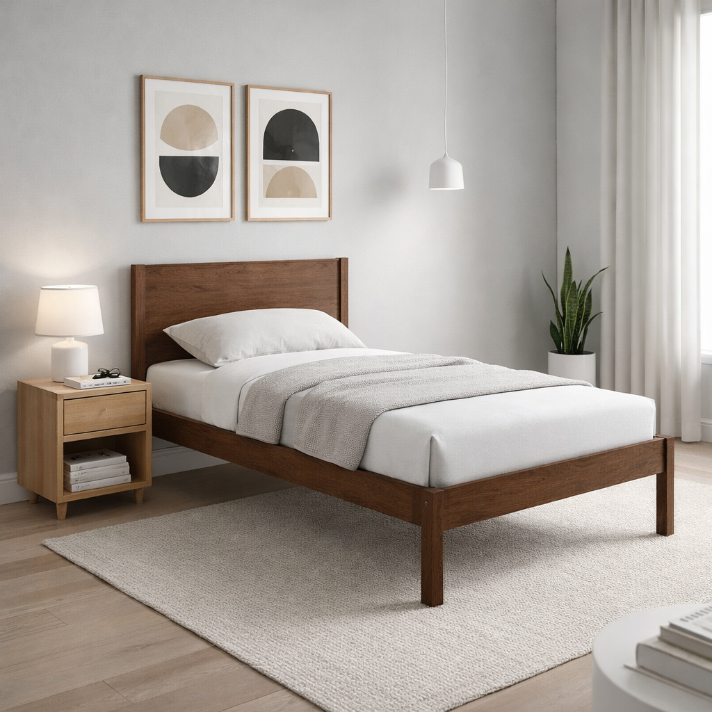Modern Minimalist Single Wooden Bed Frame with Headboard – Heavy-Duty ...
