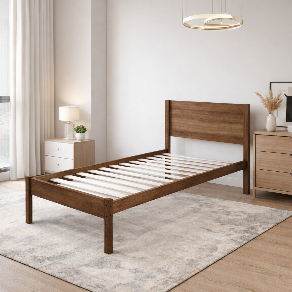 Modern Minimalist Single Wooden Bed Frame with Headboard – Heavy-Duty ...